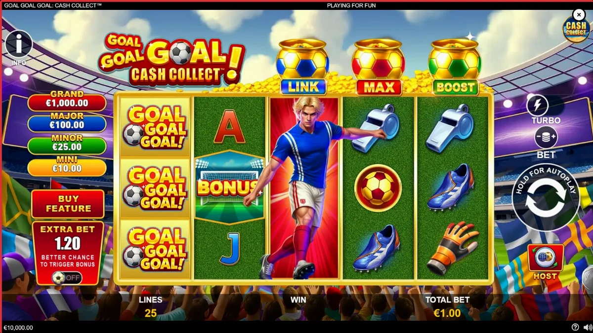 Tampilan layar permainan slot Goal Goal Goal: Cash Collect dengan tema stadion sepak bola