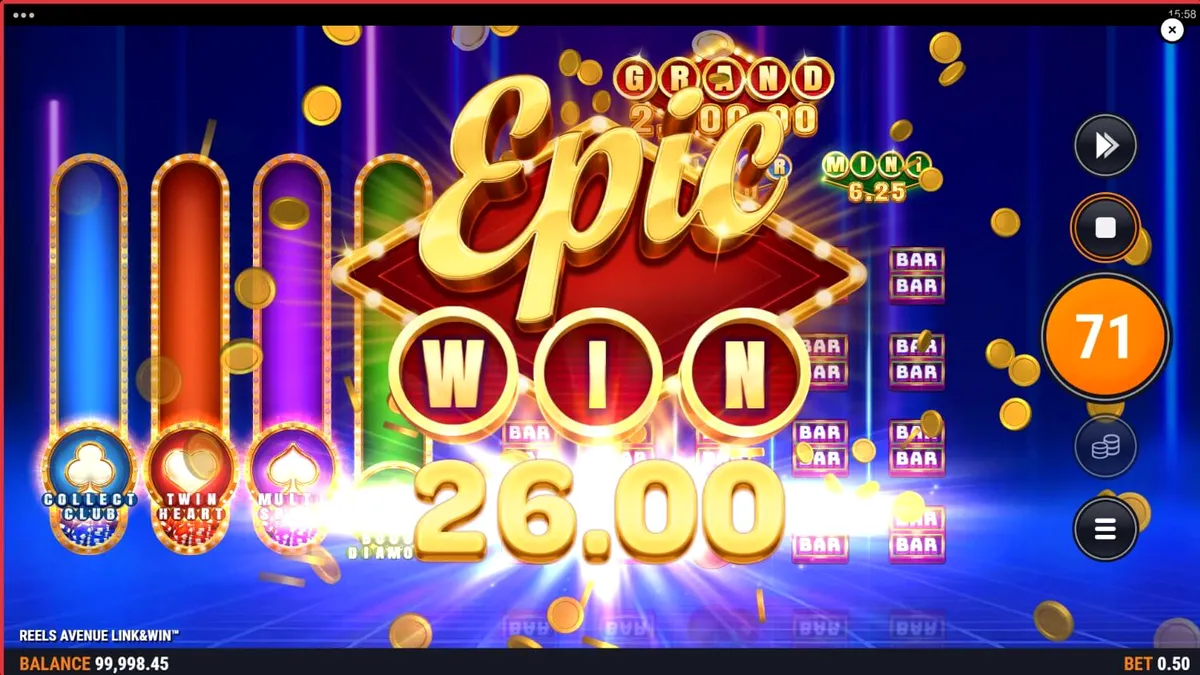 Tampilan visual futuristik dari slot Reels Avenue Link&Win dengan latar belakang neon biru.